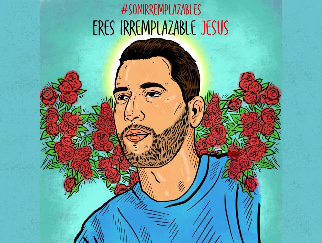 An artistic drawing of Jesus Cuevas against a decorative teal backdrop with flowers
