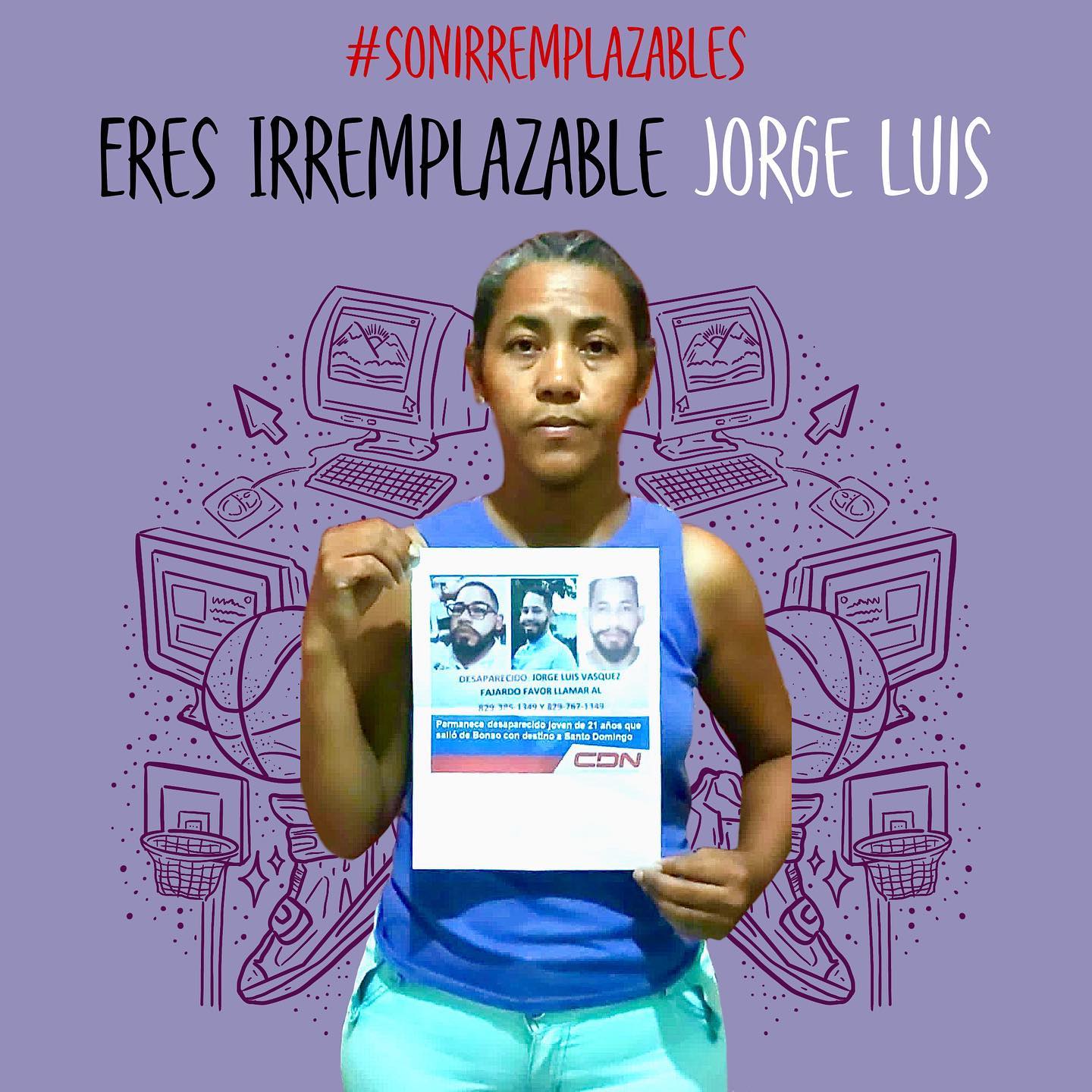 Honorary post for missing person Jorge Luis, a person holding up Jorge Luis's photo against a decorative purple background