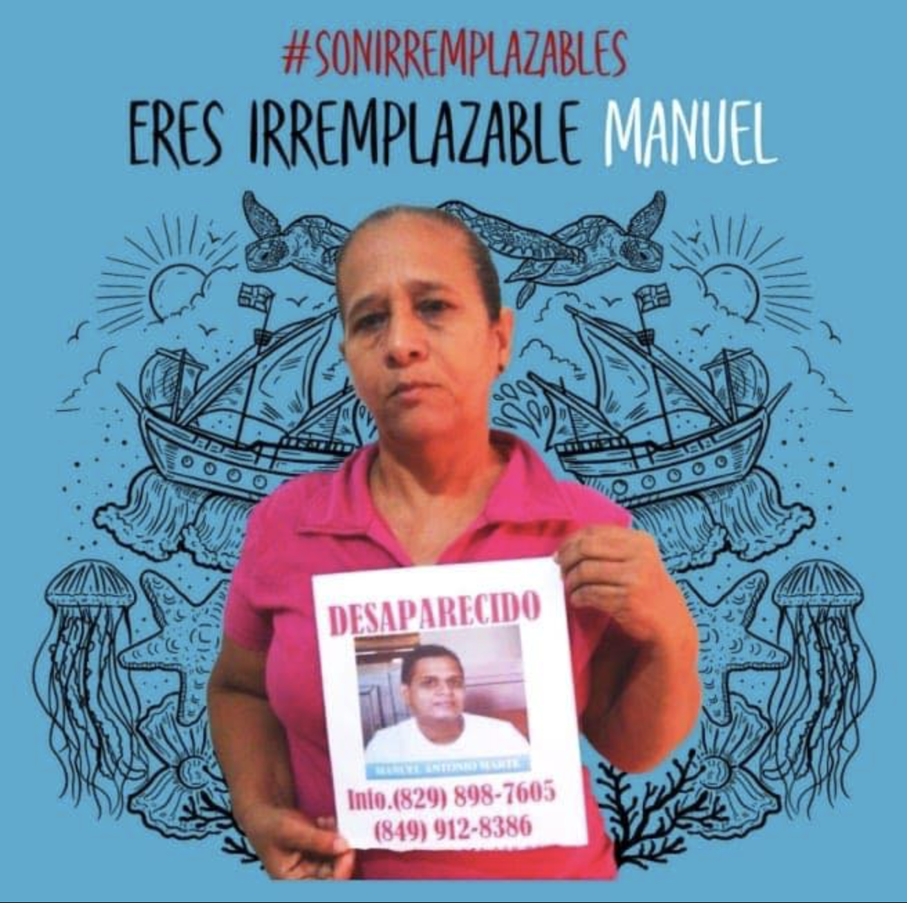 Honorary post for missing person Jorge Luis, a person holding up Manuel Marte's photo against a decorative blue background