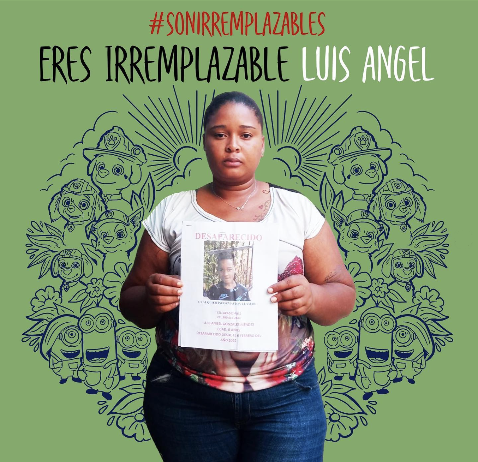Honorary post for missing person Luis Angel, a person holds up a photo of Luis Angel against a decorative green background
